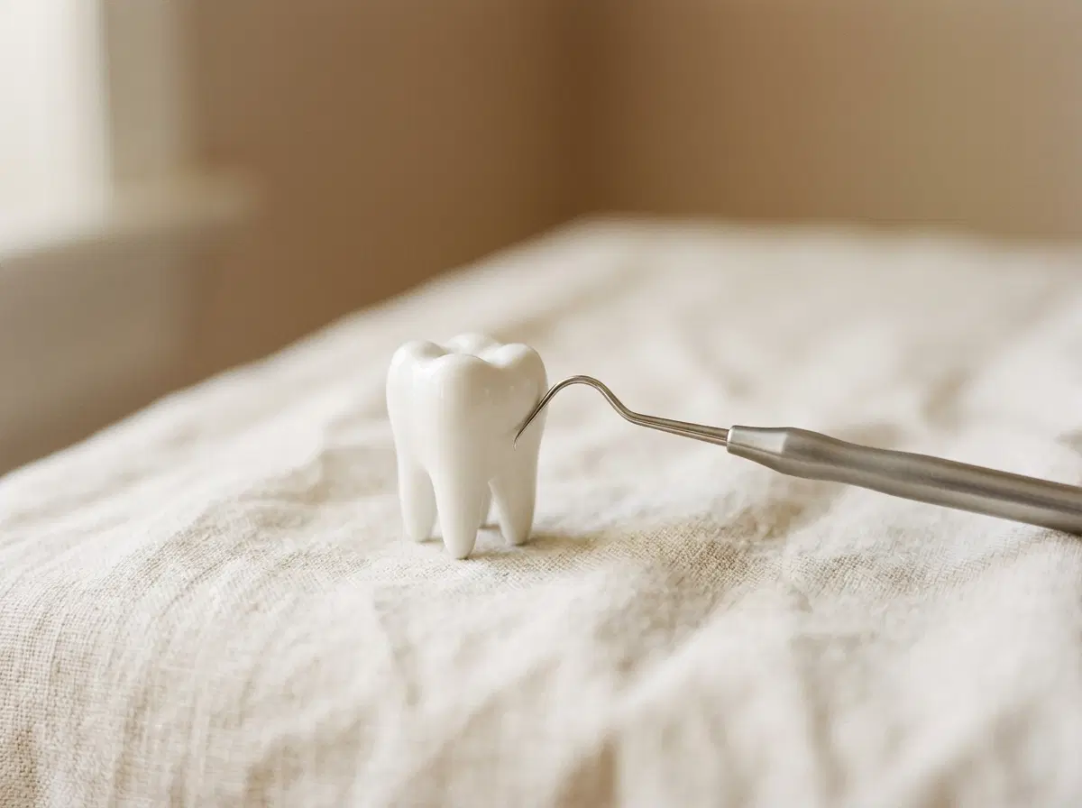 A model tooth with a dental explorer resting on soft linen